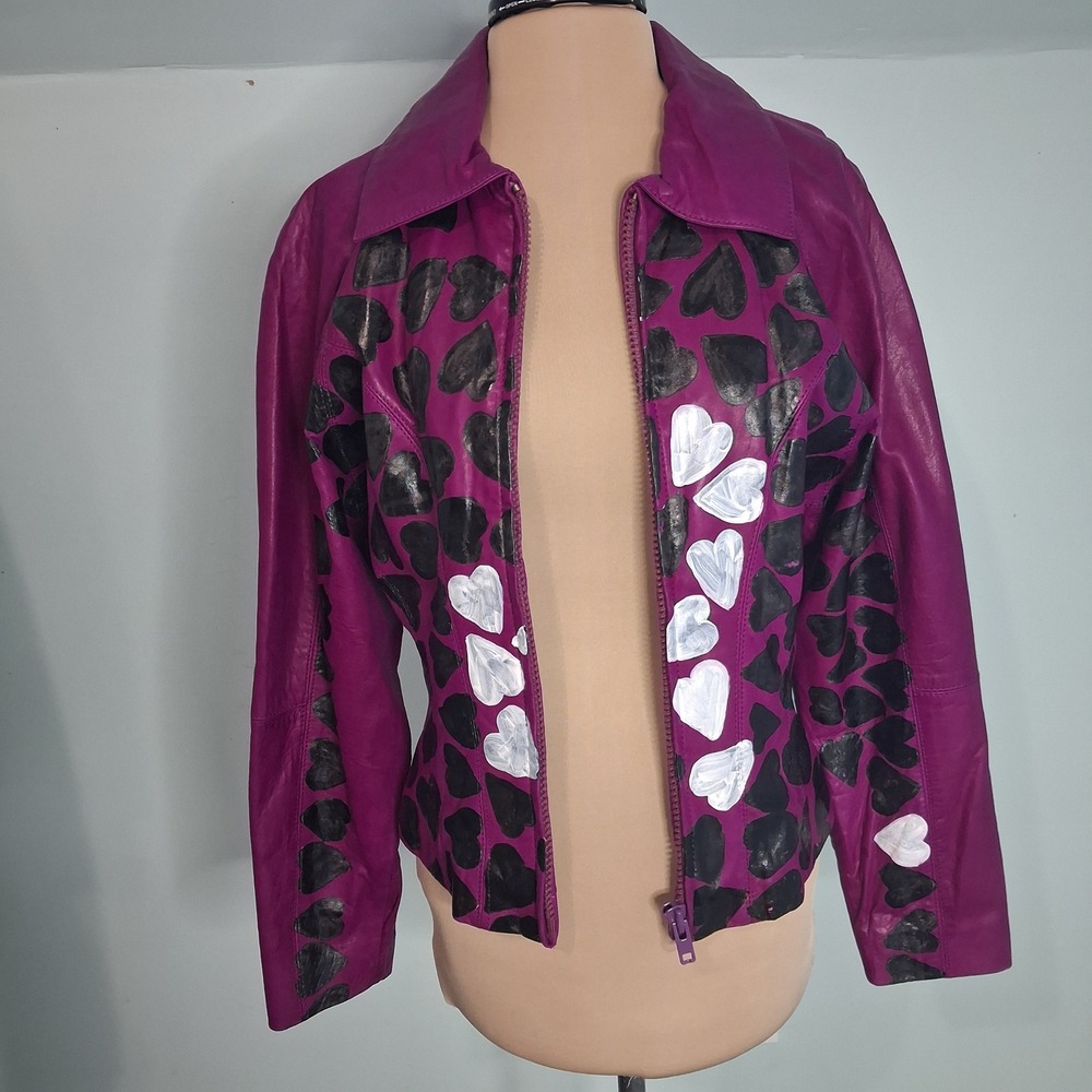 Dauphinette Couture Upcycled Hand‎ Painted Leather Jacket Magenta Andrew Marc Sm